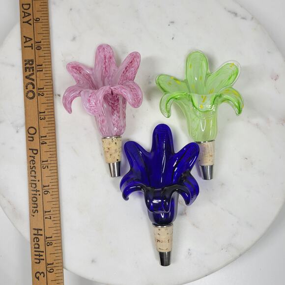 Vtg Murano 3pcs Crystal Flower Cork Stopper Pink Blue Green Hand Blown Art Glass - Picture 4 of 12
